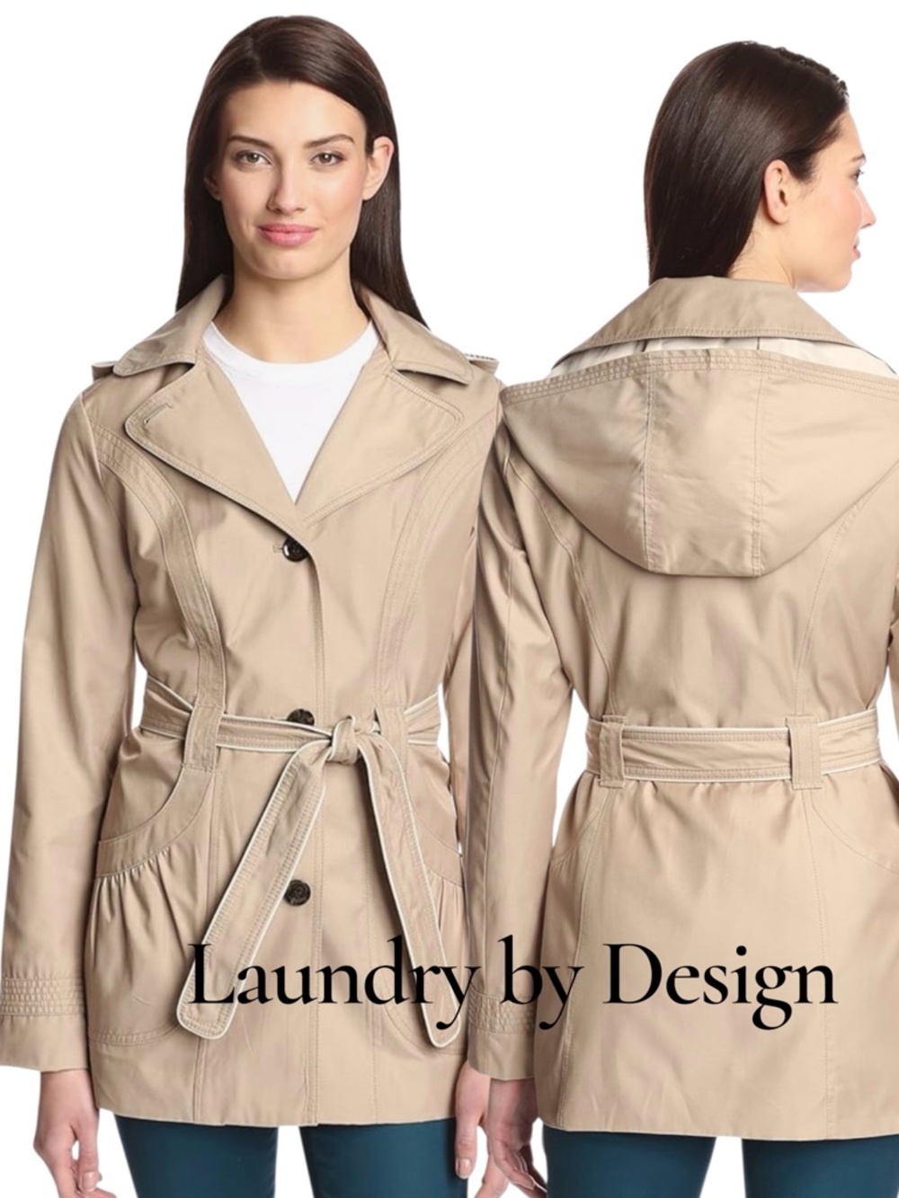 Laundry By Design Tan Lightweight Mid-Length Belted Removable Hood Trench (M)